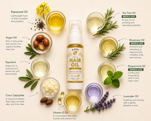 Natural Lice Prevention and Repellent Hair Oil Spray for Kids Hair – Made with Essential Oils, Detangles and Conditions - Tea Tree, Rosemary, and Lavender Oils by Kaspi