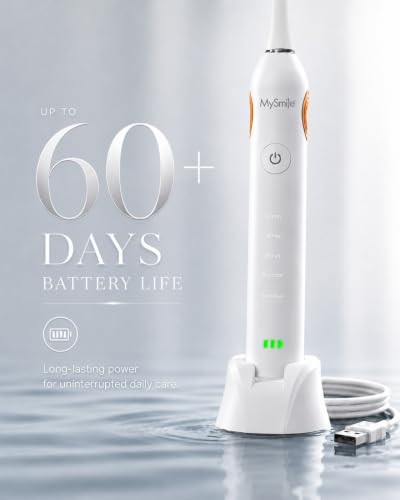 MySmile UC605 Series Electric Toothbrush, with Advanced Sonic Toothbrush Technology & 60+ Days Rechargeable Battery Life, 5 Modes with SmartTimer & QuadPacer, 6 Replacement Heads, 48000VPM - White