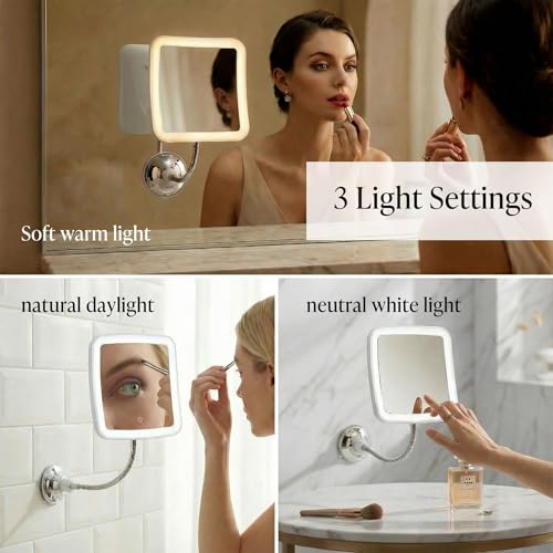 Fancii 10x Flexible Magnifying Mirror with 3 LED Light Settings, Rechargeable - Gooseneck Lighted Makeup Mirror for Bathroom, Locking Suction Mount, Cordless, 360° Rotatable (Mira 2 Plus)