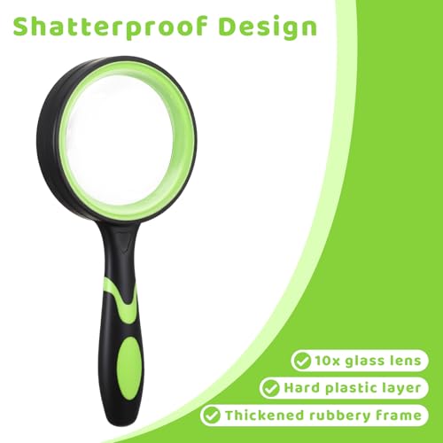 12 Pack 10X Magnifying Glass, 60mm Handheld Reading Magnifier for Seniors, Shatterproof Glass Lens with Non Slip Rubber Handle for Reading and Nature Exploration Orange and Green