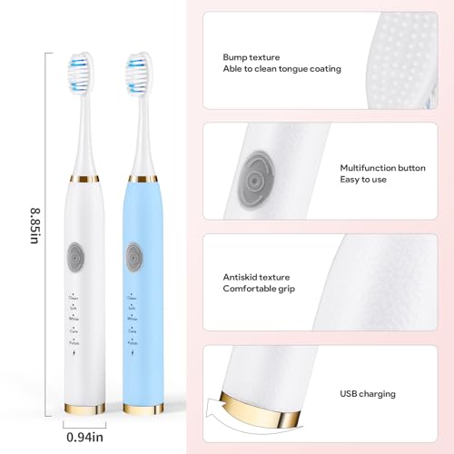 Dnil 2 Pack Electric Toothbrush for Adults and Kids, Travel Toothbrush Includes 10 Replacement Toothbrush Heads, 5 Modes with 2 MIN Smart Timer (Blue White)