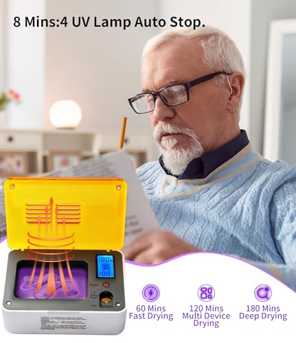 Hearing Aid Dryer Dehumidifier，Hearing Amplifiers Drying Box with 5 Cleaning Kit Removes Moisture, Sweat, and Dust from Earbuds Hearing Aids, 4 Ultraviolet Light, Battery Test. (4UV+Tools) 4UV+Tools
