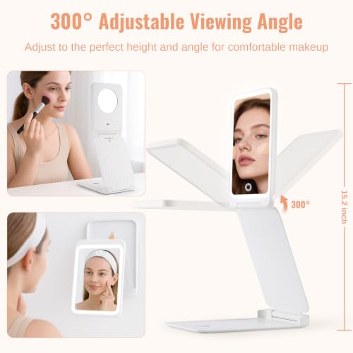 Travel Makeup Mirror with Lights, Rechargeable, 1X/3X Magnification, White