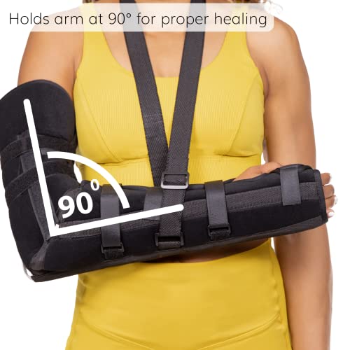 BraceAbility Posterior Long Arm Splint - Elbow Immobilizer Right or Left Forearm Brace with Sling for Fractures, Post-Surgery Recovery, Tendonitis, Bursitis, and Ulnar Nerve Entrapment Relief (S) Small