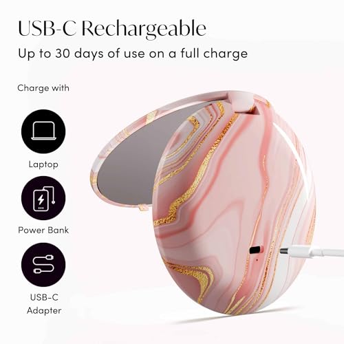 Fancii Mini Taylor Compact Magnifying Mirror with LED Light, 10x/1x, Rechargeable, 3 Light Settings, Dimmable - Small Lighted Travel Handheld Mirror for Pocket, Handbag, Purse, 2-Sided (Marble Rose) Marble Rose