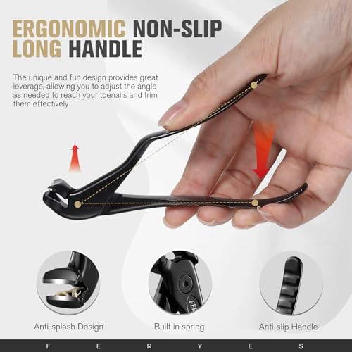 FERYES Ergonomic Non-Slip Long Handle Nail Clippers for Seniors, Unique Angled Head Curve Wide Jaw Opening Toenail Clipper with Catcher for Thick Toenails and Fingernails Black (Large)