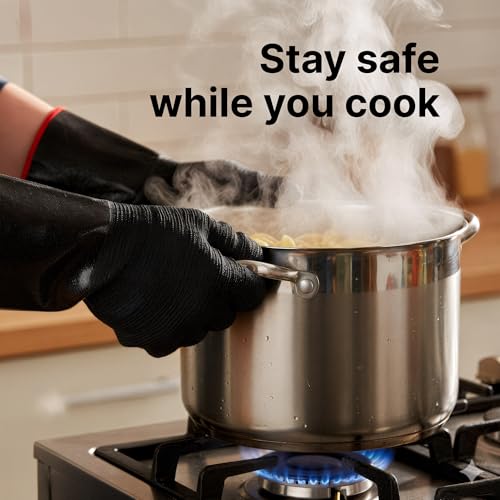 BBQ Gloves - Waterproof and Extreme Heat Resistant up to 932°F - Food-Grade Neoprene Rubber Mitts for Cooking, Grill, Grilling, Oven, Baking, Fire Pit - Non-Slip Grip, Cotton Lining and 14” Sleeve Medium