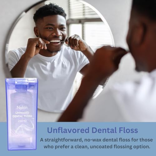 Unwaxed Dental Floss, 200 Yards with Dispenser, Unflavored, Durable Nylon, Plaque Removal, 3-Pack