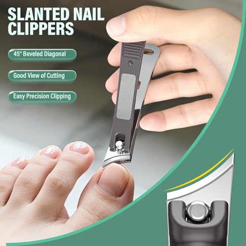 Toenail Clippers for Seniors Thick Toenails, CLPPNA Large Toe Nail Clippers Set for Men with Wide Jaw, Sharp Heavy Duty Ingrown Toenail Clippers Nail Cutter, Long Handle with Slanted Curved Blade 6PCS(Ingrown & Angled & Slanted）