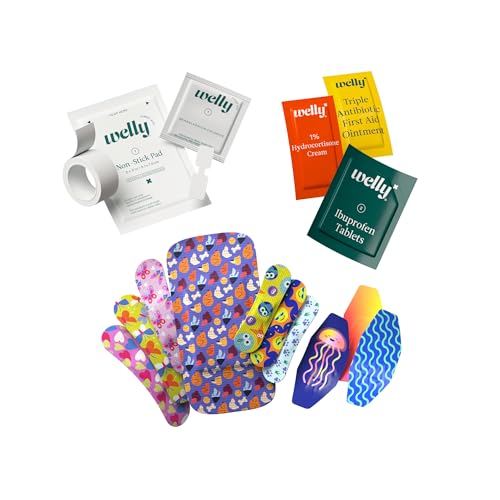 Welly First Aid Kit | FSA Eligible | Adhesive Flexible Fabric and Waterproof Bandages, Tape and Non-Stick Pads, Butterfly Strips, Triple Antibiotic and Hydrocortisone Ointments, Ibuprofen - 130 Count