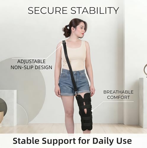 Knee Immobilizer Brace with Adjustable Shoulder Strap, Leg Immobilizer Support with 4 Removable Aluminum Strips, Breathable Mesh Knee Splint for Post-Surgery Recovery, Ligament Injury & Fracture Support, L Sizes-black