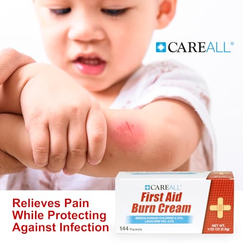 CareAll First Aid Burn Cream 0.9g Packets (Pack of 144) Pain Relieving First Aid Cream for Temporary Relief of Pain from Minor Burns, Cuts, and Scrapes with Benzalkonium Chloride and Lidocaine HCI