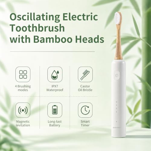 Ultrasonic Oscillating Electric Toothbrush with Bamboo Heads White