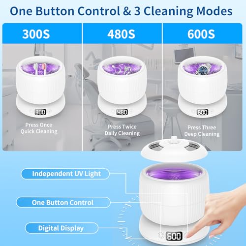 2025 Upgraded Ultrasonic Retainer Cleaner Machine,Separate Retainer Cleaner for Night Guards, Braces, Aligner, Toothbrush, Jewelry, 4 Modes Denture Cleaner & Removable Base and Top Cover(White)