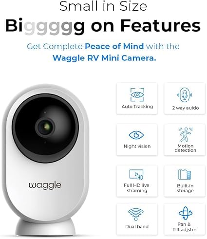 Waggle RV Mini Wi-Fi AI Pet Camera, 1080p HD, Pan & Tilt, Motion Alerts, 2-Way Audio, Night Vision, Pet Camera with App Control, Built-in SD Card (128GB) - BeesActive Australia