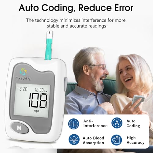 CareLiving BGM101 Blood Glucose Monitor Kit, 100 Test Strips, 100 Lancets, 1 Blood Glucose Meter, 1 Lancing Device, Diabetes Testing Kit, Portable Blood Sugar Test Kit, Glucometer Kit for Home
