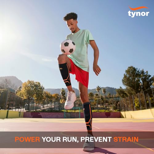 TYNOR Calf Compression Sleeves for Men and Women Calf Brace Adjustable Shin Splint Support - Lower Leg Compression Wrap for Shin Splints,Pain Relief, Circulation, Muscle Swelling, Small, 1 Pair Black & Orange S