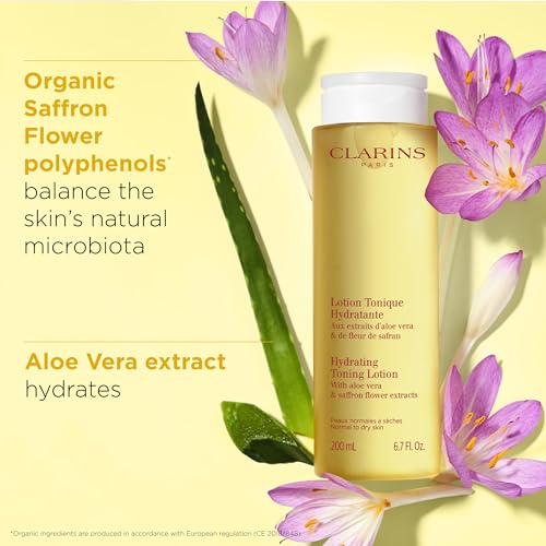 Clarins Hydrating Toning Lotion | Cleanses, Tones, Hydrates and Balances Skin's Microbiota |Plant-Based Ingredients, Including Aloe Vera | Alcohol-Free | Normal to Dry Skin Types Hydrating Toning Lotion 6.7 Fl Oz (Pack of 1)