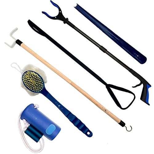 Hip Kit for Total Hip Replacement Prime Kit, Shoe Horn, Foldable 32" Grabber Tool, Dressing Stick & Sock Aide, Leg Lifter, Long Bath Sponge, Grabbers Elderly Reaching Tool, 6PC-Kit, Blue, by Luxet 6pc Hip Replacement Kit Blue