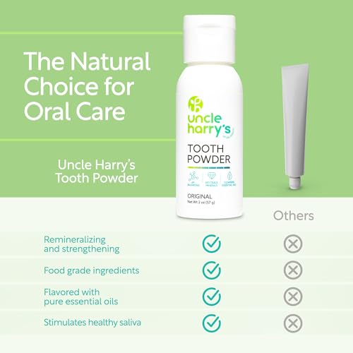 Uncle Harry's All Natural Tooth Powder | Alkalizing Remineralizing Enamel Support & Whitening Toothpaste for Sensitive Teeth | Powder Toothpaste for Gum Health & Fresh Breath (2 oz) (Pack of 2)