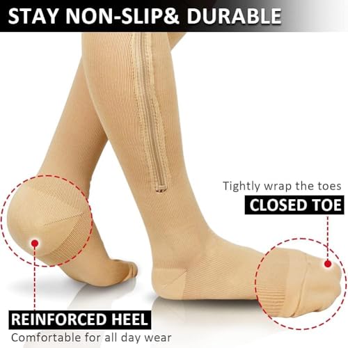 Ailaka Medical 15-20 mmHg Zipper Compression Socks Women Men 3X-Large (1 Pair) Beige