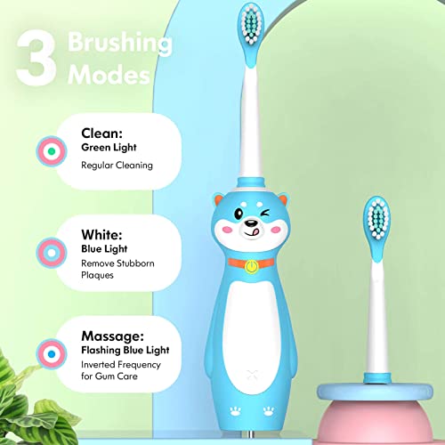 DADA-TECH Kids Electric Toothbrush Rechargeable, Sonic Silicone Teeth Brush with Timer for Children Boys Girls Ages 3+, 3 Modes with Memory, 4 Soft Brush Heads (Blue Shiba Inu Dog) Blue