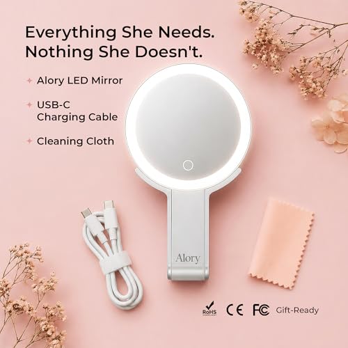 Alory Travel Makeup Mirror with Light, 10X Magnifying Back Side and Rechargeable