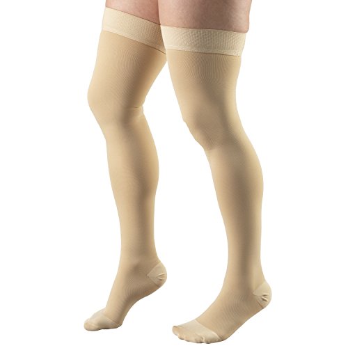 Truform 30-40 mmHg Compression Stockings for Men and Women, Thigh High Length, Dot-Top, Closed Toe Beige Medium (1 Pair)