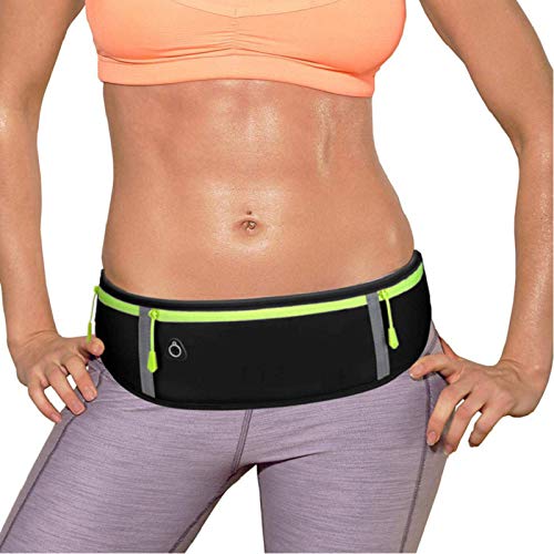 Running Belt with Two Zippered Pockets and Water Bottle Holder, Fits Phone, Keys, Energy Gels – Adjustable Waist Pack for Marathon, Trail Running, Hiking, Jogging, Walking [LD&JR] (Black) Black