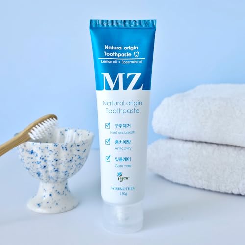 WISEMOTHER MZ Fresh Vegan Toothpaste 2-Pack – Fluoride-Free, SLS-Free Natural Mint Toothpaste with Lemon Oil & Xylitol, 120g Each, Fresh Breath & Healthy-Looking Gums 8.46 Ounce (Pack of 1)