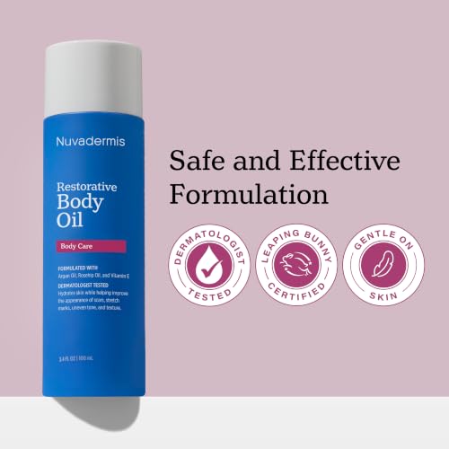 NUVADERMIS Restorative Body Oil for Scars, Stretch Marks & Dry Skin | Argan Oil, Rosehip Oil & Vitamin E | Lightweight, Fast-Absorbing Body Oil | 3.4 fl oz