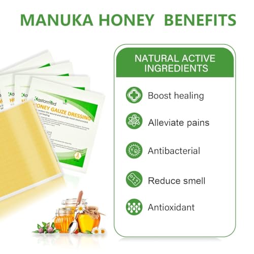 Kastormed Honey Gauze Dressing, Manuka Honey Wound Care, Medical Grade Honey Patches for Faster Wound Care, Burn Dressing, Sterile 4'' x 4'' (Pack of 10)