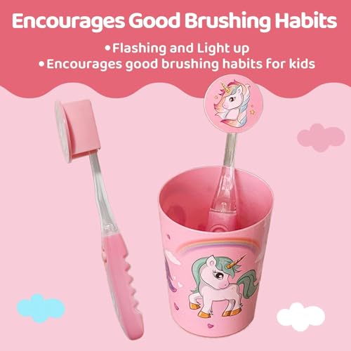 Lily's Home Kids Flashing Timer Toothbrush with Soft Bristles, Rising Cup & Cover - Fun 2-Min Light-Up Brushing for Children - Toddler Toothbrush Kit (Unicorn) - Set of 2 Unicorns
