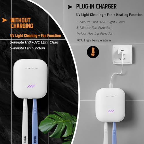 Toothbrush Sanitizeri Case with U V-C Lights, Dryer Heating, Fan Drying - Rechargeable Portable Toothbrush Cover, Hook Wall Mount Sterilizeri Box for Home, Travel & Fits All Toothbrushes White 2