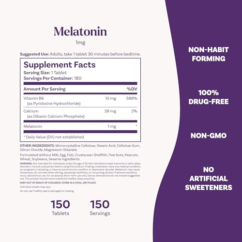 Natrol Melatonin 1 mg Tablets, Nighttime Sleep Aids for Adults, 180 Tablets