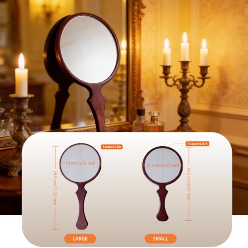 Tumecos Wooden Hand Mirror, Round Handheld Mirror with Fish Tail Handle, Natural Pine Wood, Large & Small Size Options, Vanity Makeup Mirror with Non-Distortion Glass, for Home/Salon Gift, Large Walnut Brown 11"L x 5.7"W