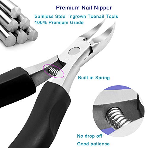 Ingrown & Thick Toenail Clippers Set, 8 Pcs Heavy Duty Stainless Steel Nail Nippers Kit, Lengthened Non-Slip Ergonomic Handle Manicure & Pedicure Tools for Seniors Men Women Diabetic Users Stainless Steel, Black