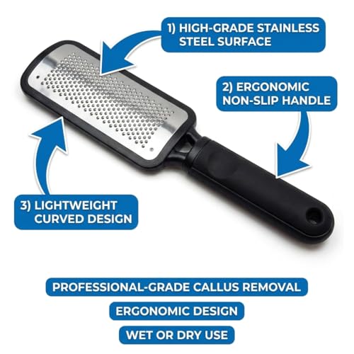 Large Foot File & Callus Remover for Feet – Stainless Steel, Wet or Dry Use, Silver/Black