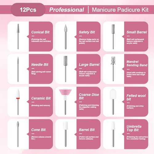 Professional Manicure Pedicure Kit with 360° LED Light& LCD Display White Nail Drill 12 Piece
