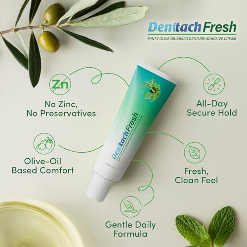Denttach Fresh Denture Adhesive with Invigorating Mint Flavor, Petroleum Free Olive Oil Based Denture Cream for Full and Partial Dentures, All Day Hold Denture Glue, Zinc Free, 2.4 Ounce 4