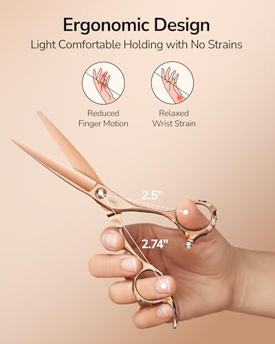 ULG Professional Hair Cutting Scissors with Luxury 18K Rose Gold Finish 6.5" Barber Scissors 440C Japanese Stainless Steel Hand-Honed Razor Sharp Blades Offset Handles Tension Adjustable, Right-Handed Rose Gold-6.5 Inch-right