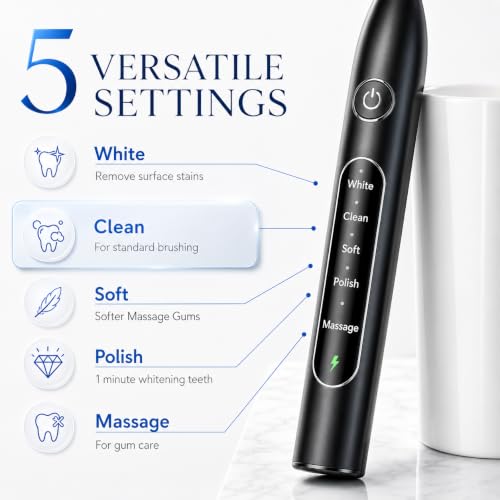 Electric Toothbrush for Adults with 8 Replacement Brush Heads, Travel Bag, 5 Cleaning Modes, IPX7 Waterproof, Rechargeable, Smart Timer, Black Whitening Power Toothbrush Set