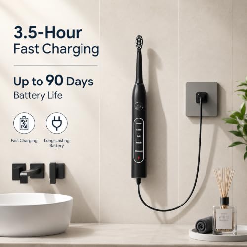 Electric Toothbrush for Adults with 8 Replacement Brush Heads, Travel Bag, 5 Cleaning Modes, IPX7 Waterproof, Rechargeable, Smart Timer, Black Whitening Power Toothbrush Set