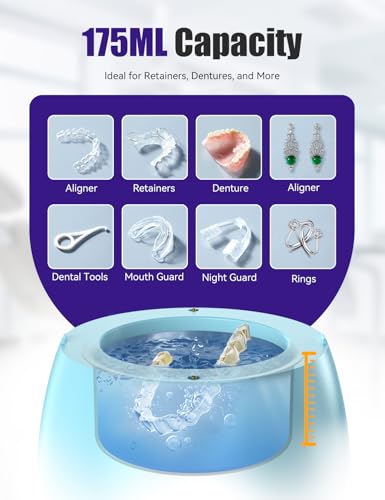 Ultrasonic Retainer Cleaner, EVA BELLE Denture Retainer Cleaner Machine, Tooth Cleaner for Oral Dental Care, Portable Rechargeable Dental Cleaning Pod for Night Guards, Braces, Aligner, Jewelry Blue