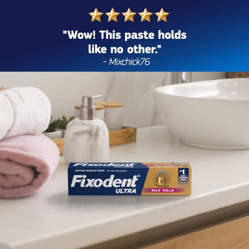 Fixodent Ultra Max Hold Denture Adhesive Cream, 2.2 oz (4-Pack) – Strong False Teeth Glue and Secure Dental Adhesive for Full or Partial Plates, Prevent Food Slipping 2.4oz (Pack of 4)