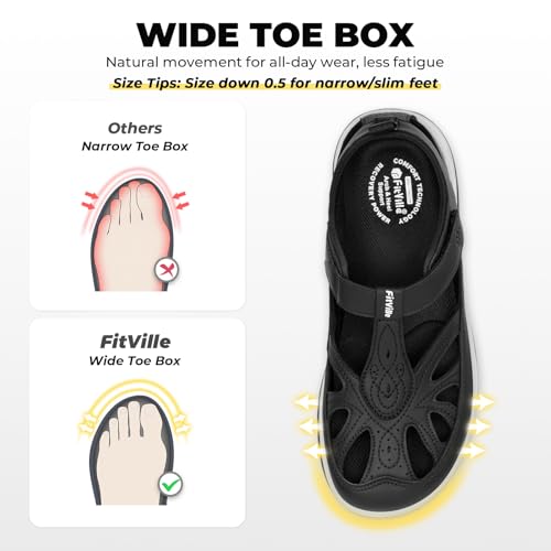FitVille Extra Wide Sandals for Women Closed Toe Orthopedic Walking Shoes 10 Wide Black