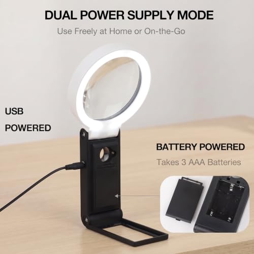 Magnifying Glass with Light and Stand,Handheld Magnifier for Reading,Hands Free Magnifying Glasses for Close Work，USB Rechargeable LED Light, Storage Case