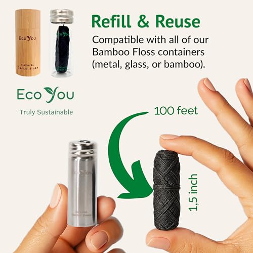 Bamboo Charcoal Dental Floss | 6 Refills + Metal Holder | Mint & Candelilla Wax | Vegan & Biodegradable