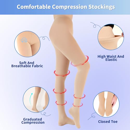 Medical Compression Tights, 20-30 mmHg Closed Toe Compression Pantyhose Beige Small
