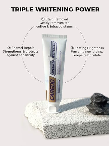 CAREDO Triple Whitening Toothpaste for Sensitive Teeth, Gentle Fluoride-Free Nano-Hydroxyapatite & Advanced Enzyme, Deep Clean Stain Removal, Lasting Brightness Remineralizing Toothpaste, Minty 3.52OZ